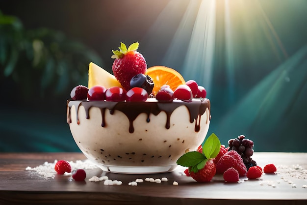 Un bol de fruits garni de sauce au chocolat et de baies