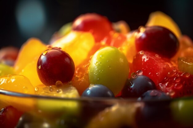 Un bol de fruits avec des gouttelettes d'eau dessus