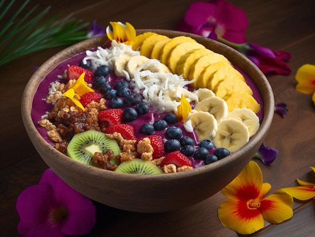 Un bol de fruits et de granola avec une fleur sur le côté