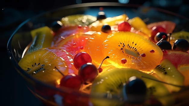 Photo un bol de fruits avec une grappe de raisin et des kiwis