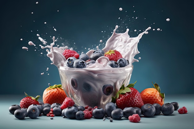 Un bol de fruits et de lait avec des myrtilles et des fraises