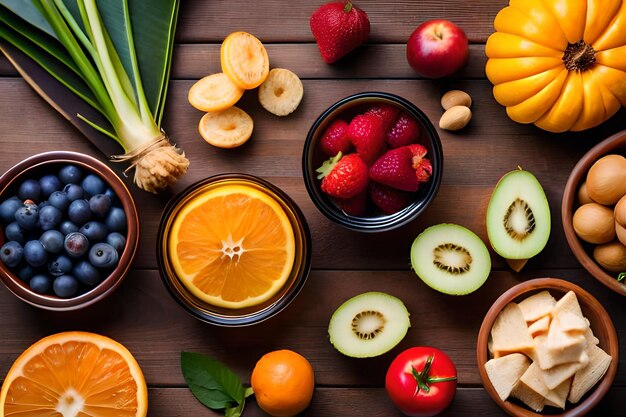 un bol de fruits et légumes sur une table en bois