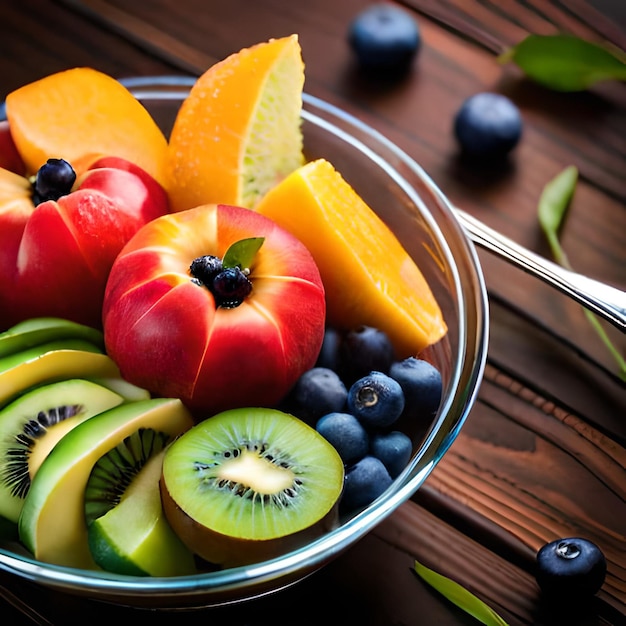 Un bol de fruits avec une myrtille au fond.