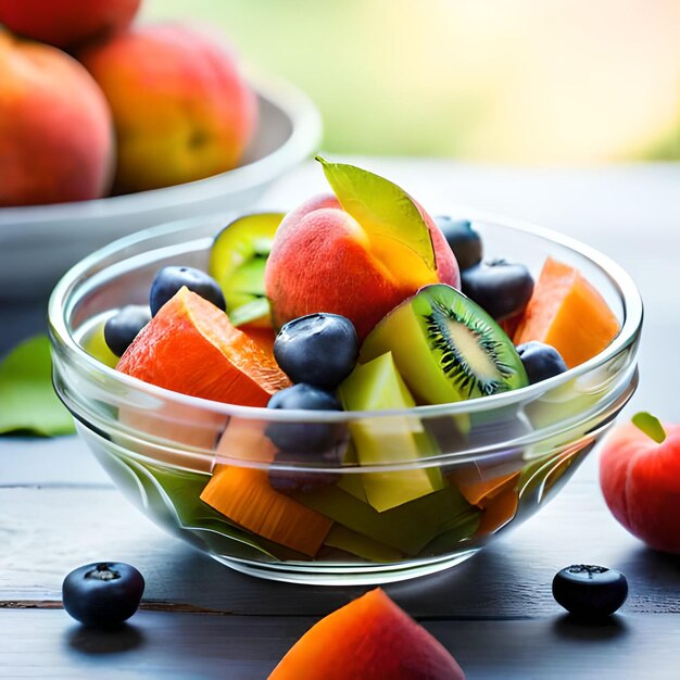 Un bol de fruits avec des myrtilles et des pêches sur la table.