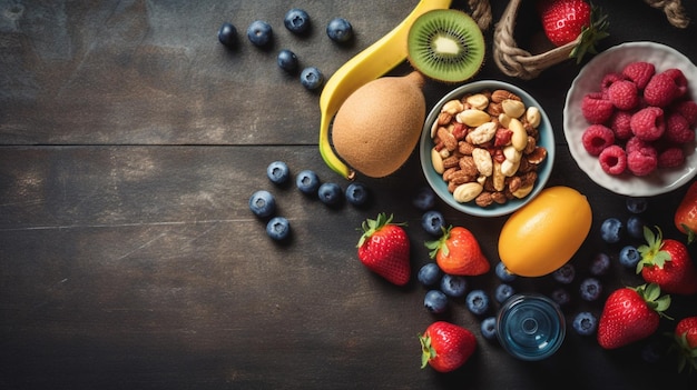 Un bol de fruits et de noix sur une table