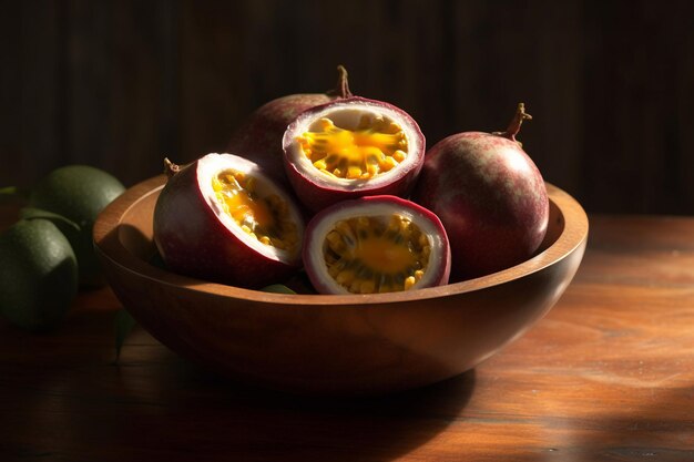 Un bol de fruits de la passion est posé sur une table.