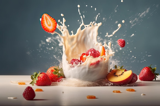 Un bol de fruits avec un peu de lait et une fraise