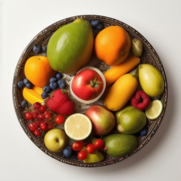 Un bol de fruits avec une pomme rouge au fond.