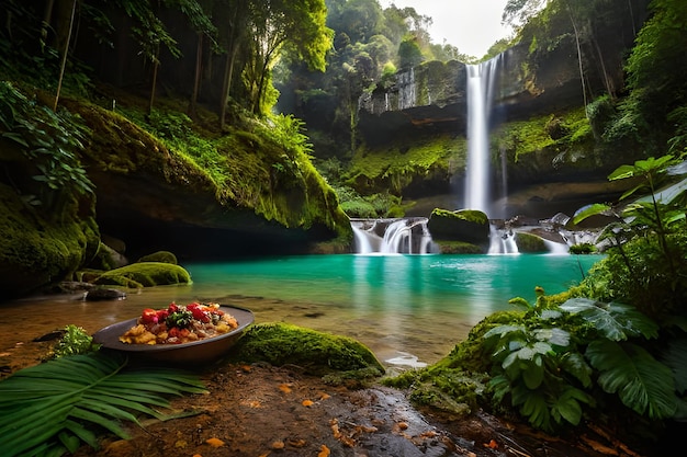 Un bol de fruits se trouve devant une cascade