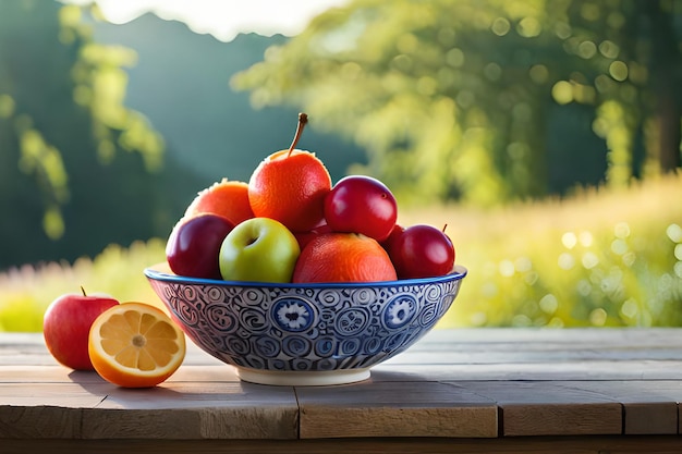 Un bol de fruits sur une table avec un arrière-plan flou