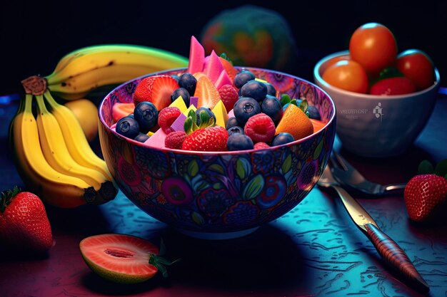 Photo un bol de fruits sur une table avec d'autres fruits