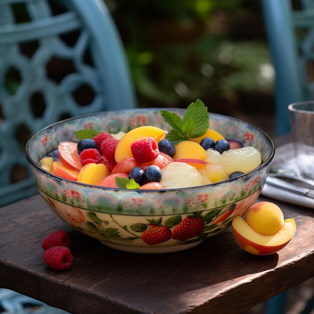 Un bol de fruits sur une table avec une chaise verte en arrière-plan.