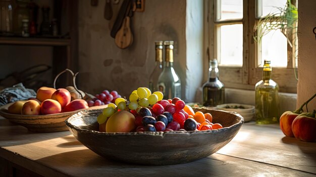 Un bol de fruits sur une table de cuisine rustique