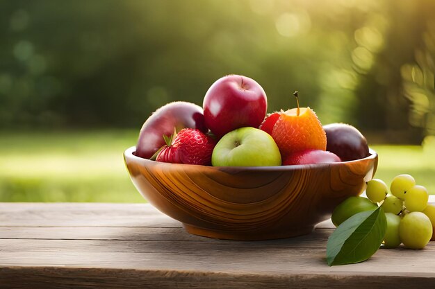 Un bol de fruits sur une table avec un fond vert