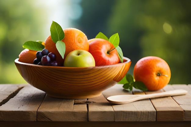 Un bol de fruits sur une table avec un fond vert