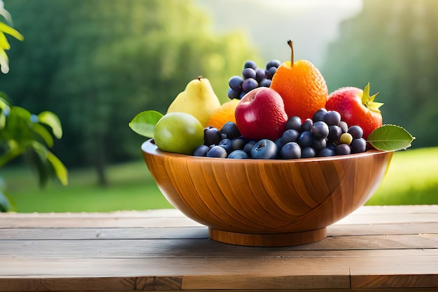 Un bol de fruits sur une table avec un fond vert