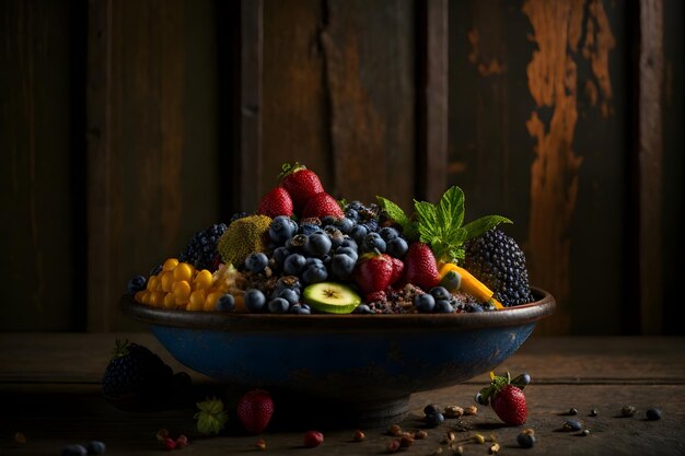 Un bol de fruits avec un tas de baies sur la table