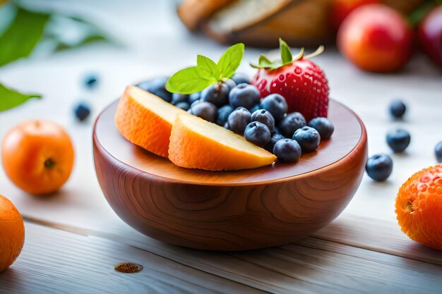 un bol de fruits avec une tranche d'orange sur la table