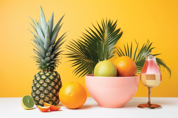 Un bol de fruits avec un verre de vin et un ananas dessus.