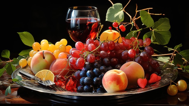 un bol de fruits et un verre de vin.