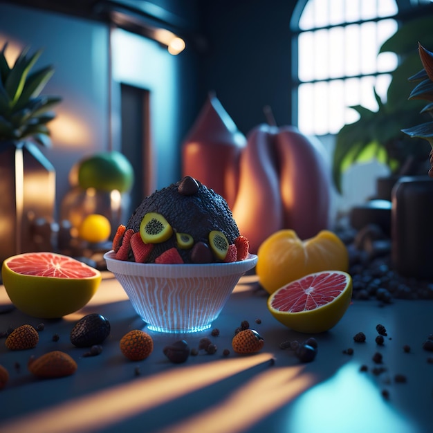 Un bol de fruits avec un visage extraterrestre dessus