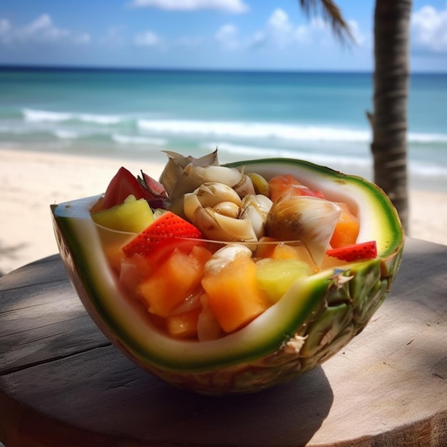 Photo un bol de fruits avec vue sur l'océan en arrière-plan.