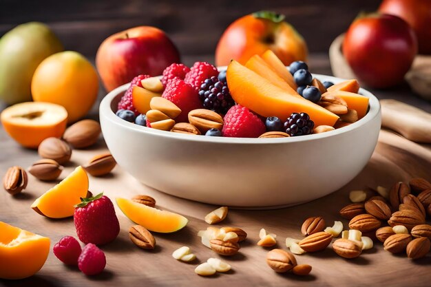 un bol de fruits, y compris des baies et des amandes.