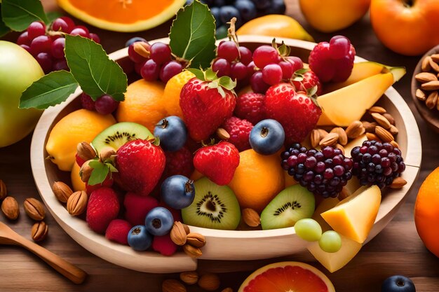Un bol de fruits, y compris des fraises, des framboises et des kiwis.
