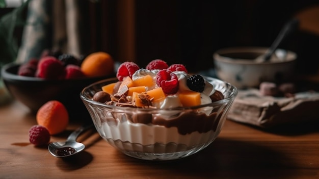 Un bol de fruits et de yaourt avec une cuillère sur une table.