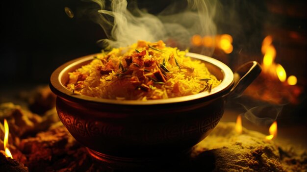 Bol fumant de cuisine indienne Biryani parfumée avec art culinaire