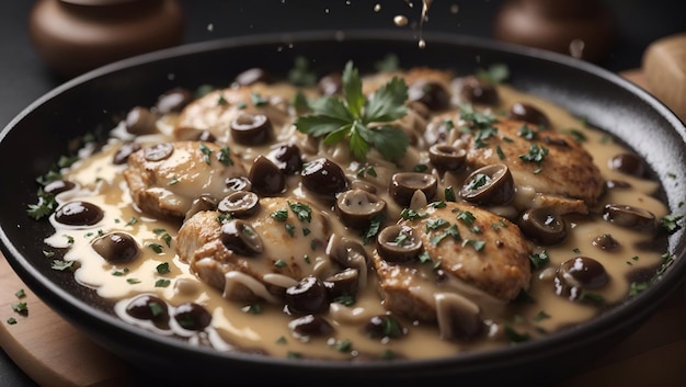 Un bol fumant de poulet marsala avec une pincée de parmesan et un filet d'huile d'olive