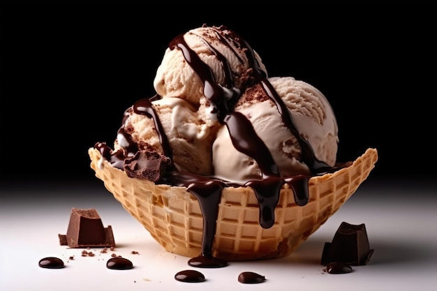 Un bol à gaufres de sauce au chocolat et de crème glacée avec des morceaux de chocolat sur la table