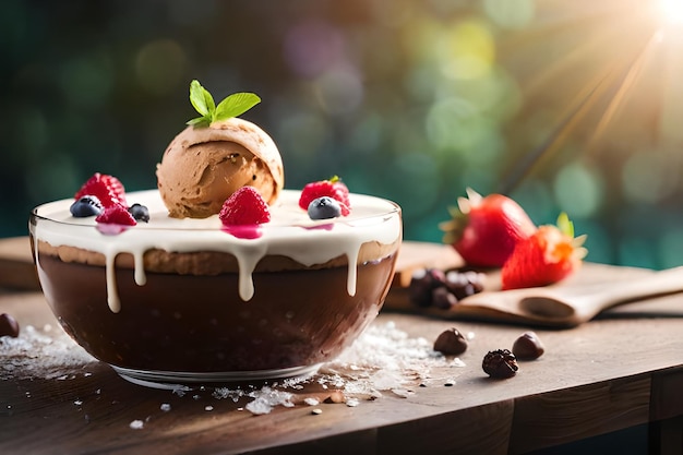 Un bol de glace au chocolat avec une boule de glace sur le dessus.