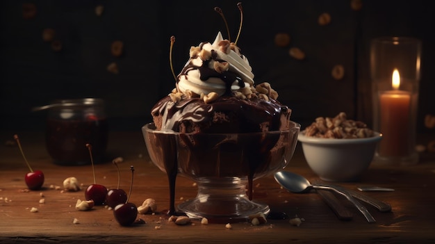 Un bol de glace au chocolat avec des cerises sur le dessus.