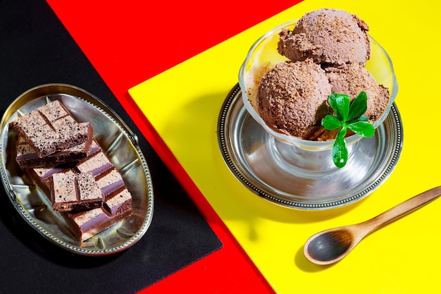 Un bol de glace au chocolat avec une cuillère à côté et une nappe jaune et rouge.