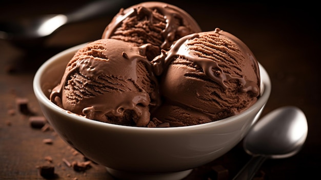 Un bol de glace au chocolat avec une cuillère sur le côté