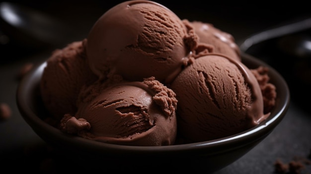 Un bol de glace au chocolat avec un fond sombre