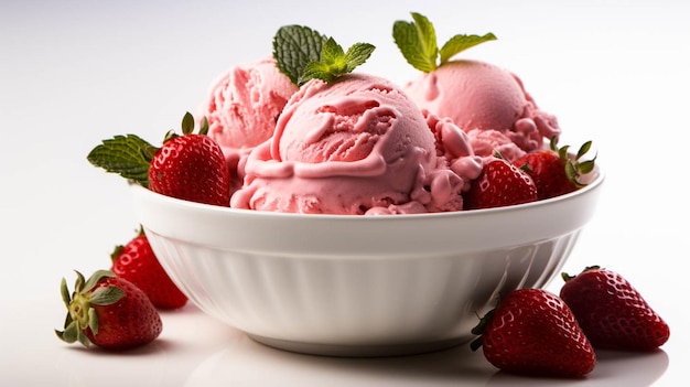 Un bol de glace aux fraises isolé sur blanc