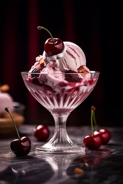 Un bol de glace à la cerise avec des cerises en arrière-plan