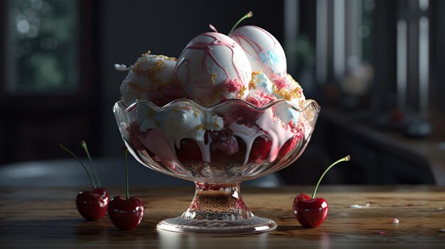 Un bol de glace avec des cerises sur le dessus