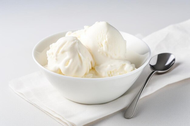 un bol de glace à côté d'une cuillère avec une cuillère.