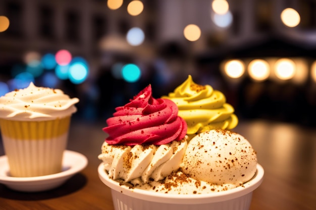 Un bol de glace avec différentes saveurs sur le dessus