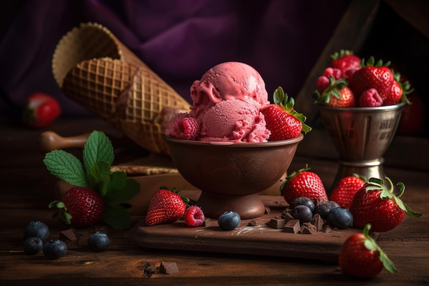 Un bol de glace à la fraise avec un bol de fraises et de bleuets sur une table en bois.