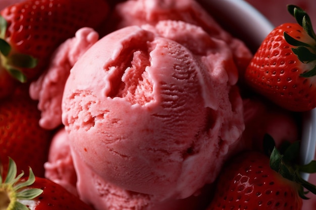 Un bol de glace à la fraise avec des fraises en arrière-plan.