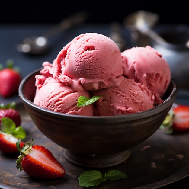 un bol de glace avec des fraises et des feuilles de menthe.