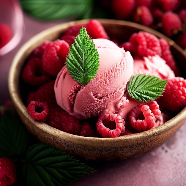 Photo un bol de glace à la framboise avec des framboises et des feuilles