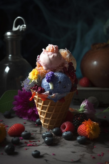 Un bol de glace avec le mot " bleu " sur le dessus.