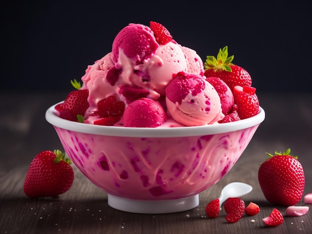 Un bol de glace rose avec quelques fraises sur le dessus