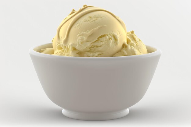 Un bol de glace à la vanille avec un fond blanc.
