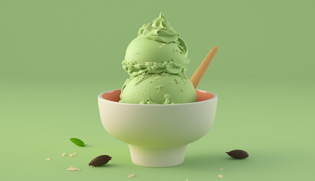 Un bol de glace verte avec des amandes sur le dessus.